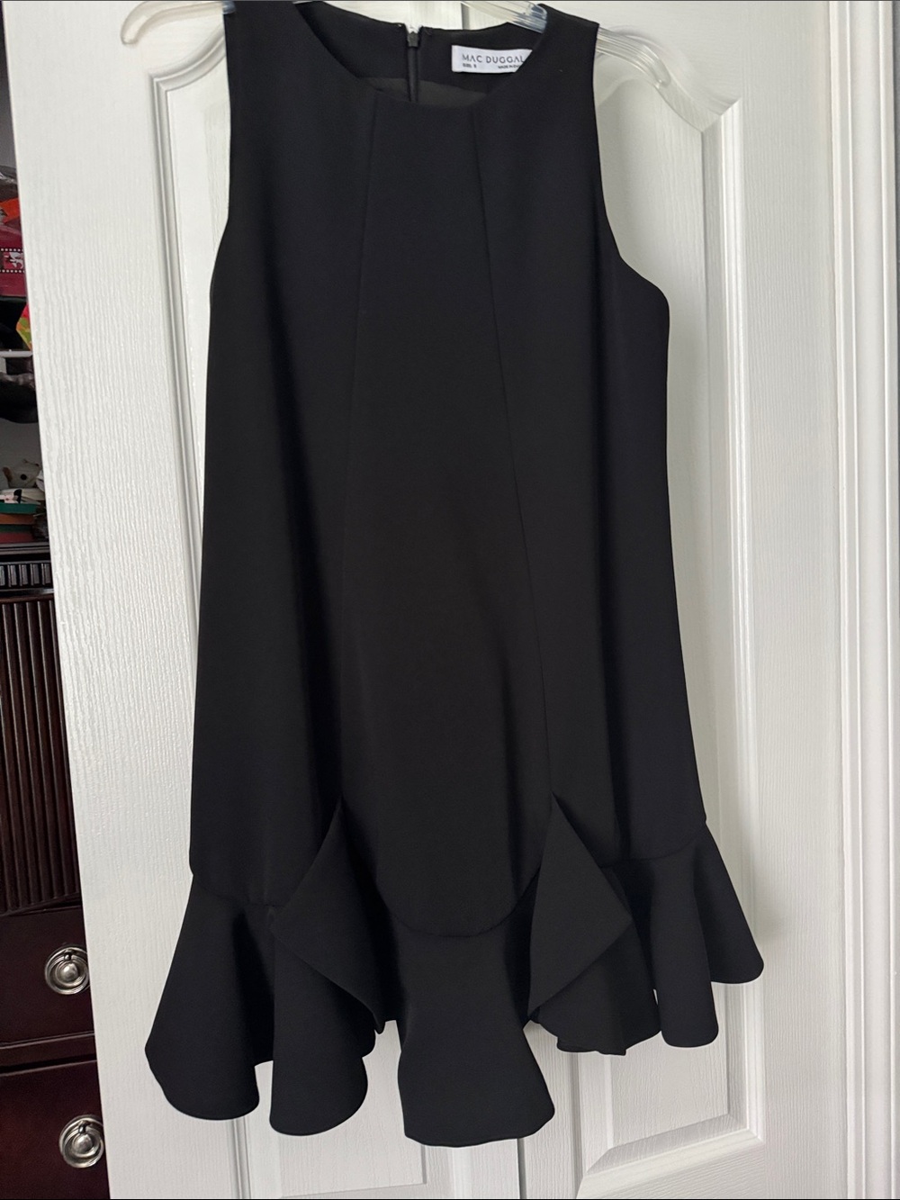 Mac Duggal Black Sleeveless Mini Dress with Flounce Hem Detail